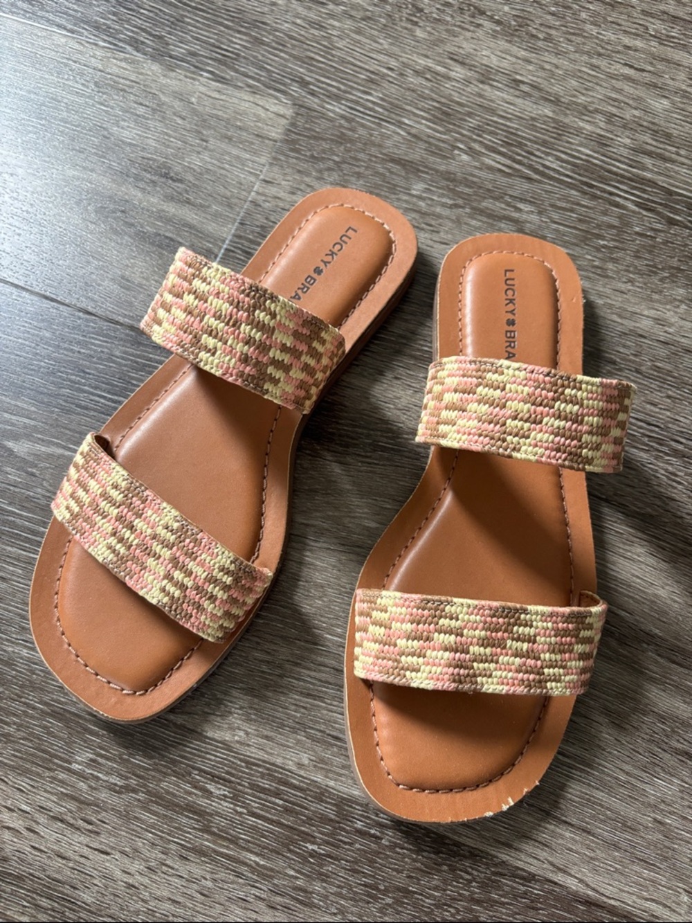 Lucky Brand Woven Double-Strap Tan Slide Sandals with Pink & Cream Accents